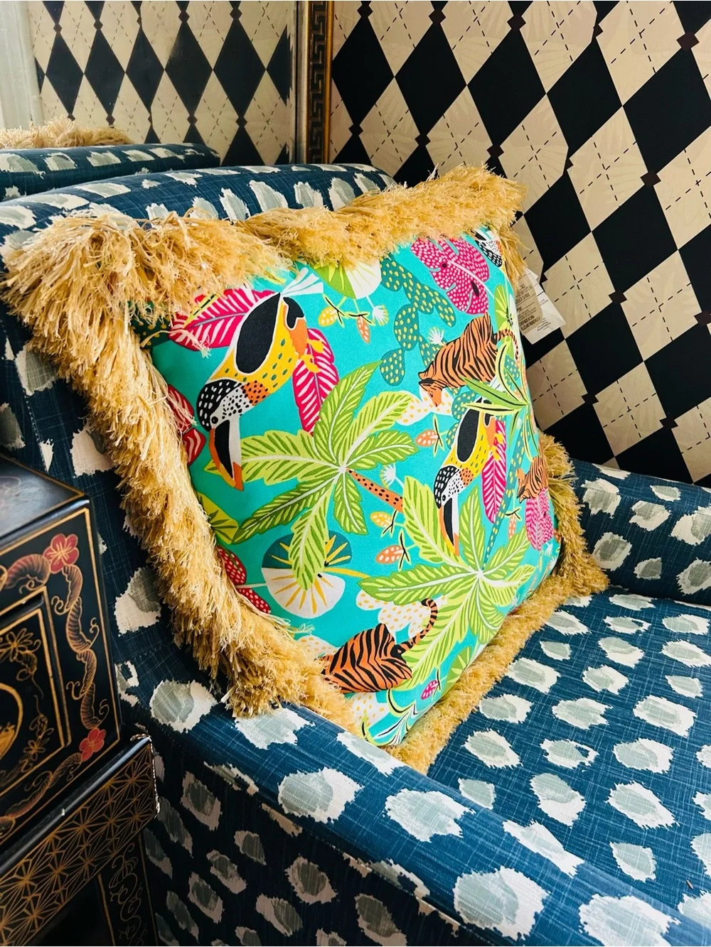 Oversized Statement Raffia Fringe Pillow Tropical Safari‎ Print 20”